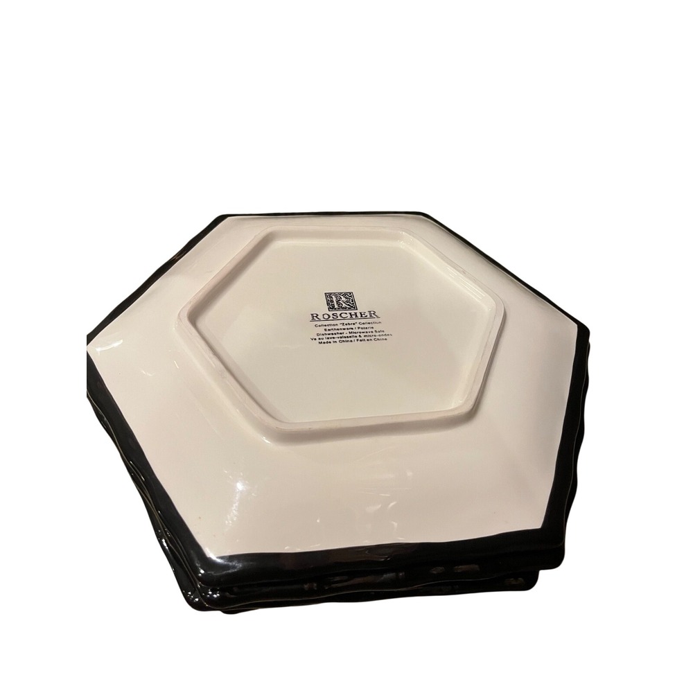 Roscher Zebra Collection Earthenware Hexagon Plates Black White Set‎ of 3
